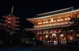 Sensoji temple and Pagoda lit up at night.