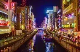 Dotonbori is one of the principal tourist destinations in Osaka, running along the canal in Namba.