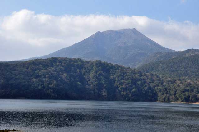Kirishima peaks, lake and forest.