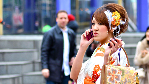 Girl on Phone, Coming of Age Day Ceremony, Shibuya, Tokyo.
