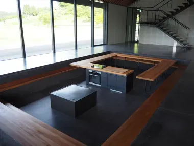 Wooden seating and counters within "The Doma"