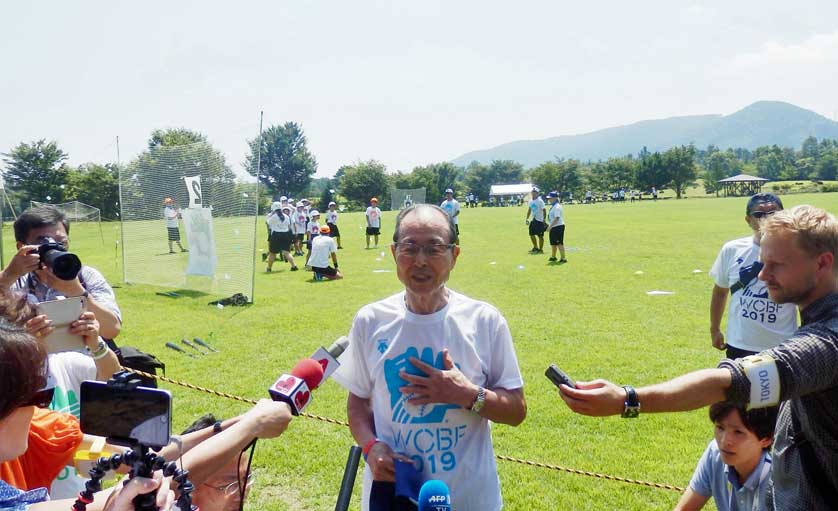 Baseball legend Sadaharu Oh being interviewed by the international press at Fukushima Azuma Sports Park.