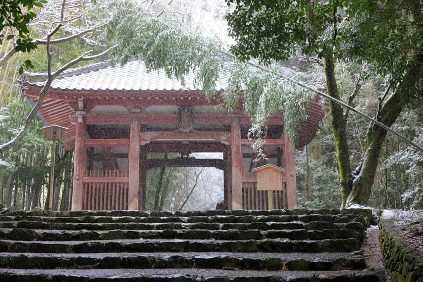 Entrance Gate to Shojiji and Gantokuji Temple in winter snow, Oharano, Kyoto, Japan.