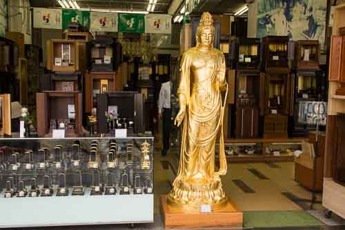 Buddhist goods store on Asakusa-dori Avenue, Taito ward, Japan.