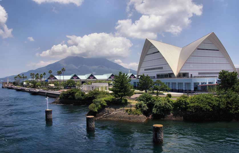 Kagoshima Aquarium with Sakurajima in the background, Kyushu, Japan.