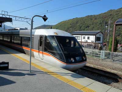 Shinano Express Train, Kiso Fukushima Station, Japan.