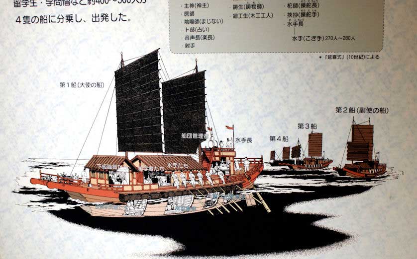 Illustration of the kind of boats that brought visiting embassies to Japan in the Heian Period.
