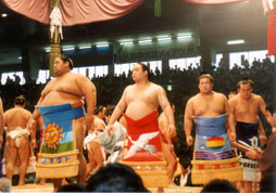 maku-uchi parade of sumo wrestlers.