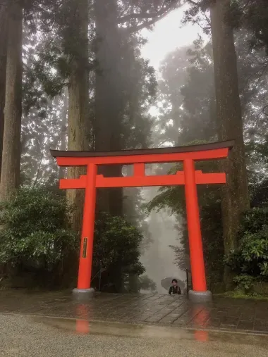 Ambiance mystique au torii du sanctuaire de Hakone