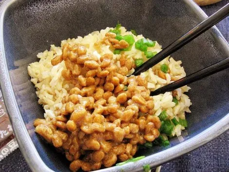 A bowl of rice with natto